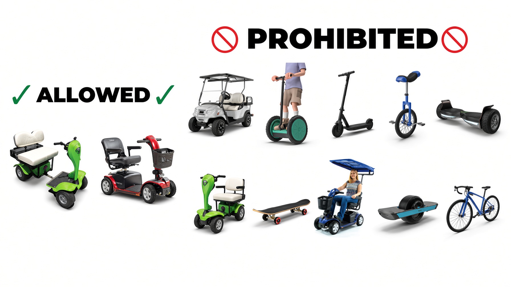 Allowed mobility scooters and prohibited devices
